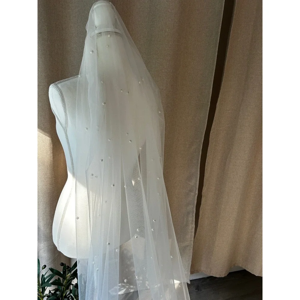 Cathedral Pearl Bridal Veil | Hand-Stitched Ivory Tulle | Pearl Wedding Veil